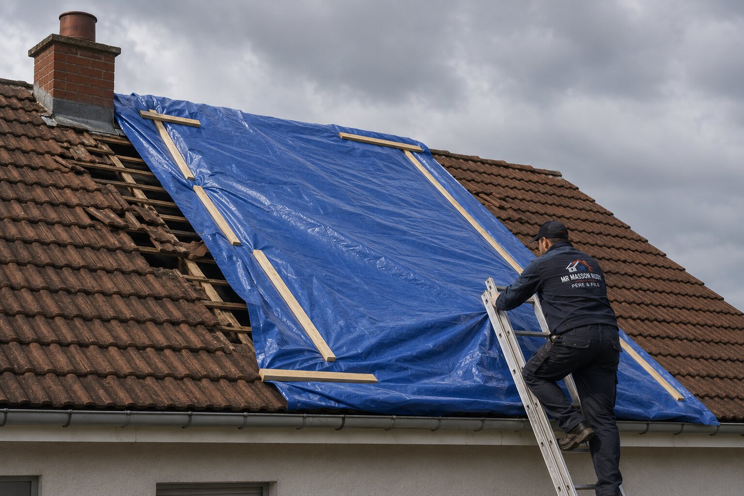 Photo professionnelle illustrant le service Bâchage toiture urgence à Lille et dans les Hauts-de-France